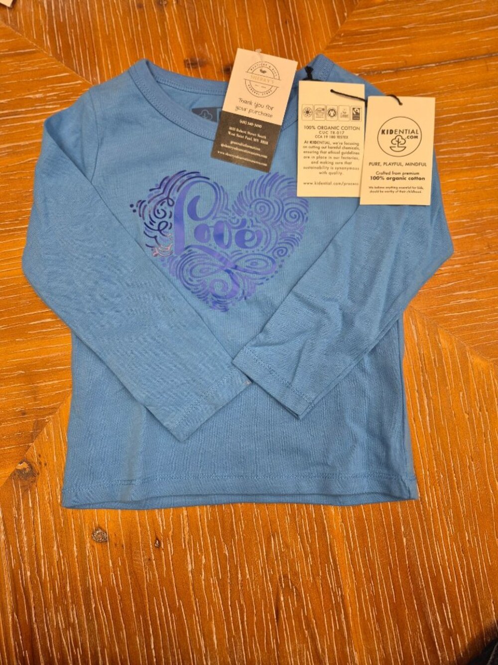Kidential Long Sleeve Love Heart Shirt Blue Organic Cotton Size 2T Two Tone Appl